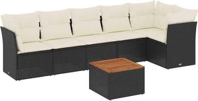 vidaXL 7-teilige Garten-Sofagarnitur aus Poly-Rattan und Akazienholz in Schwarz-Creme mit Kissen - Bild 1