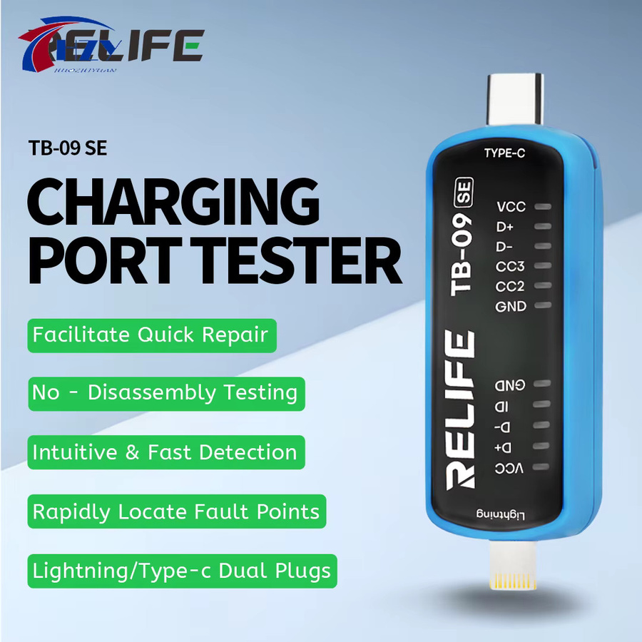 RELIFE TB-09 SE Handy-Ladeanschluss-Tester mit Blitz- und Typ-C-Schnittstelle, Dual-Stecker und automatischer Fehlererkennung in Blau - Bild 3