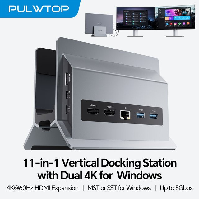 PULWTOP 11-in-1 USB-C Laptop-Dockingstation mit Dual-Monitor-Unterstützung und vertikalem Ständer in Schwarz und Grau - Bild 1