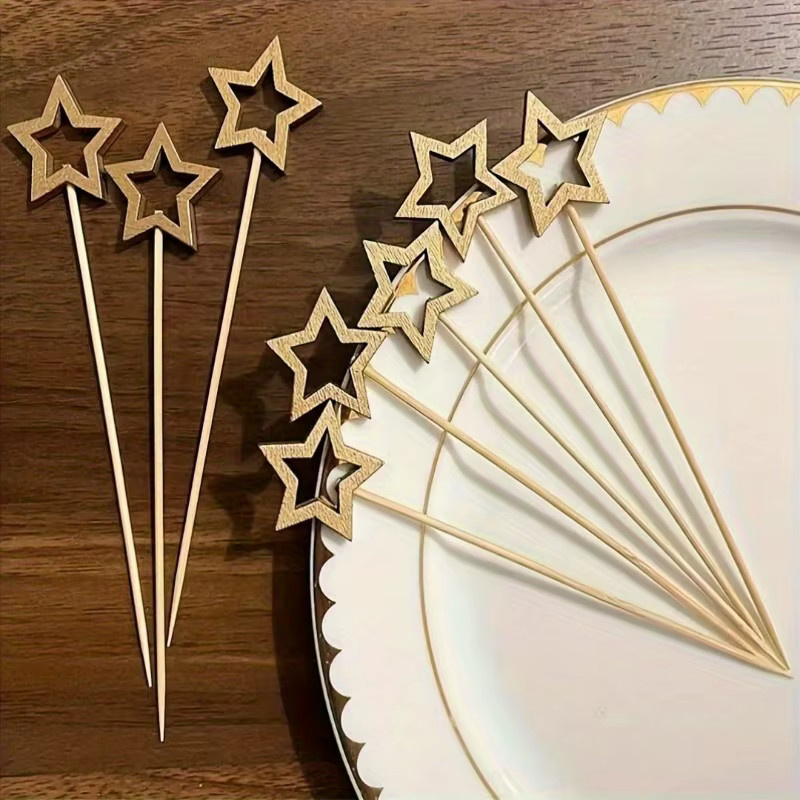 50 Einweg Bambus Spieße in Sternform in Gold und Silber für Buffet, Obst und Cocktails - Bild 3