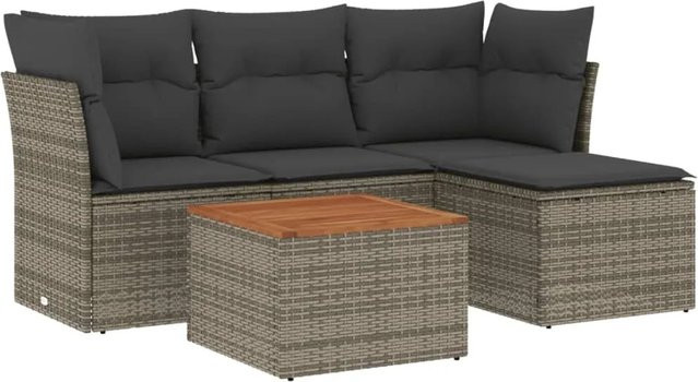 vidaXL 5-teilige Garten-Sofagarnitur in L-Form aus grauem Poly-Rattan mit Kissen und Akazienholz - Bild 1