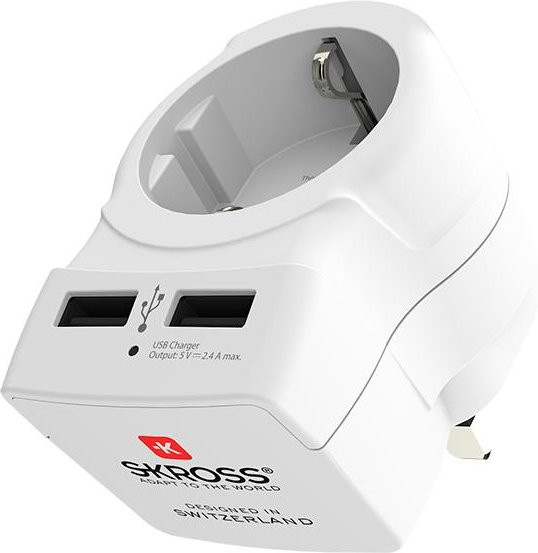 Skross Reiseadapter von EU nach UK, Dubai, Malta und Zypern mit 2x USB Anschlüssen in Weiß - Bild 1