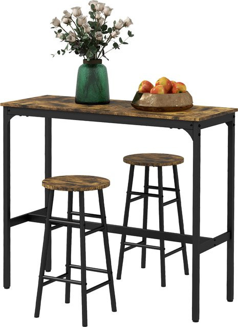 HOMCOM Bartisch-Set 3-teilig im Industriedesign mit 2 Barhockern, Essgruppe aus Stahl und MDF, Farbe: Rustikal-Braun/Schwarz - Bild 1