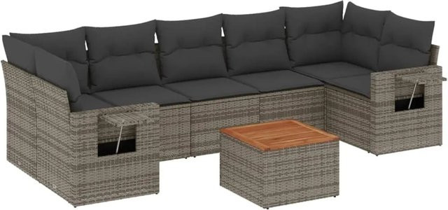 vidaXL 8-teilige Garten-Sofagarnitur in L-Form aus Polyrattan und Akazienholz mit Kissen in Grau - Bild 1