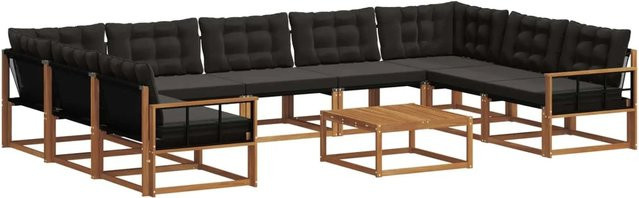 vidaXL Outdoor-Sofagarnitur 10-tlg. in L-Form aus massivem Akazienholz mit Textilene und Kissen, Schwarz/Natur - Bild 1