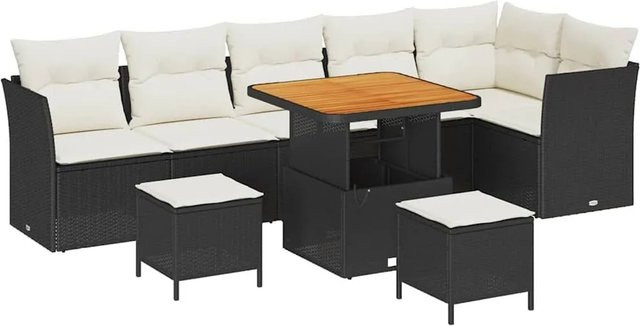 vidaXL Garten-Sofa-Set 9-tlg. in U-Form mit Kissen und integriertem Stauraum, Schwarz und Beige - Bild 1