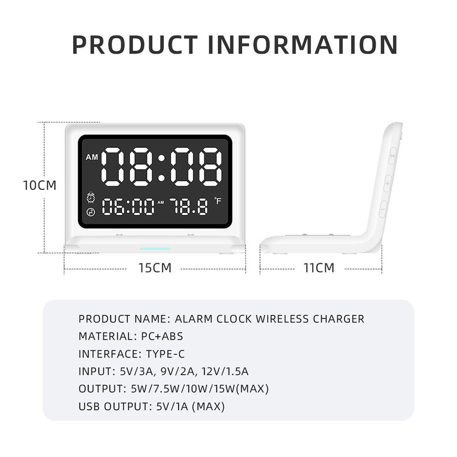 Tooarts Multifunktionale digitale Spiegeluhr mit 15 W kabellosem Ladewecker und dimmbarem Display in Schwarz - Bild 1