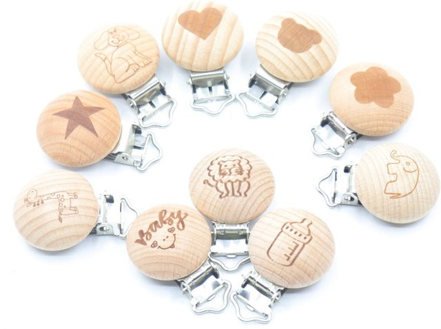 5 Stück Holz Schnuller Clips mit Tierfiguren aus Buche, BPA-frei, Naturfarben - Bild 1