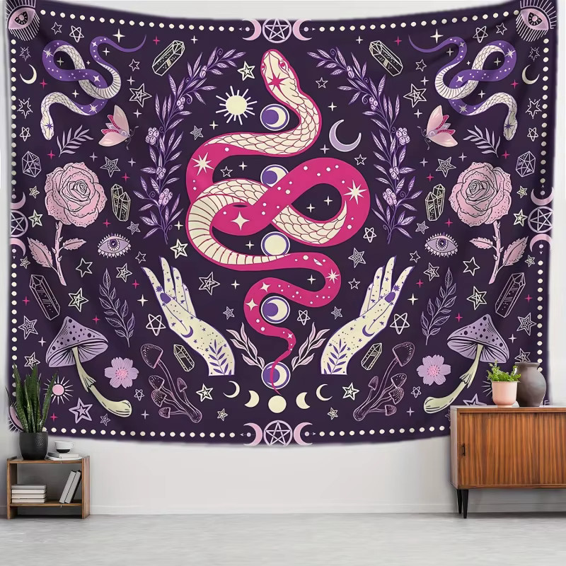 VIKAMA Wandteppich in Lila mit Tarot-, Astrologie-, Schlangen-, Hasen-, Stern- und Mondmotiven im Boho-Design, B/H: 40 x 60 cm - Bild 3
