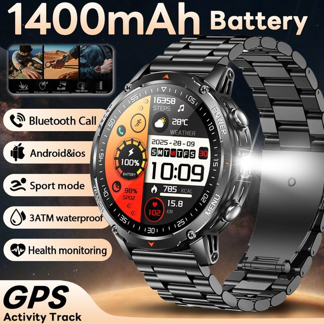 ChiBear Outdoor-Sportuhr für Herren mit LED-Taschenlampe, Bluetooth-Anruf und IP68 Wasserdichtigkeit, Schwarz, 1400mAh Akku - Bild 1