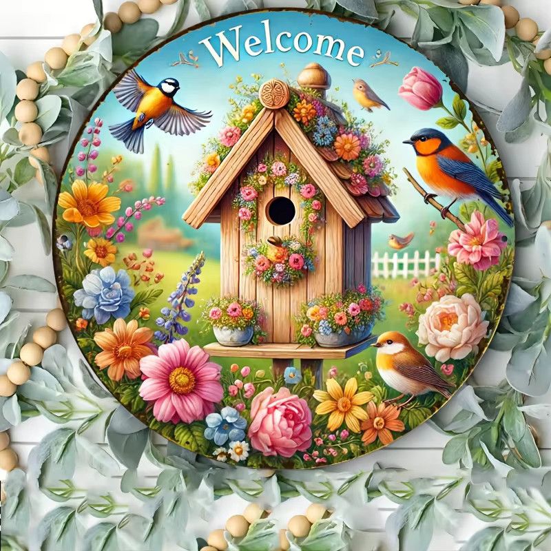Rundes Willkommensschild aus Holz von Potdemiel mit Vogel und Blumen im Vintage-Stil, Multicolor, Durchmesser: 20,32 cm - Bild 3