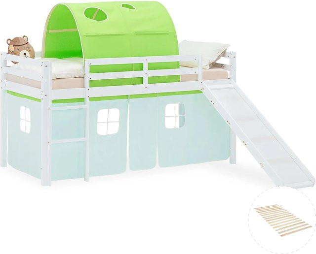 Homestyle4u Kinder Hochbett mit Rutsche und Treppe aus Kiefernholz, Farbe Weiß und Grün, B/T/H: 207,5 x 90 x 217,5 cm - Bild 1