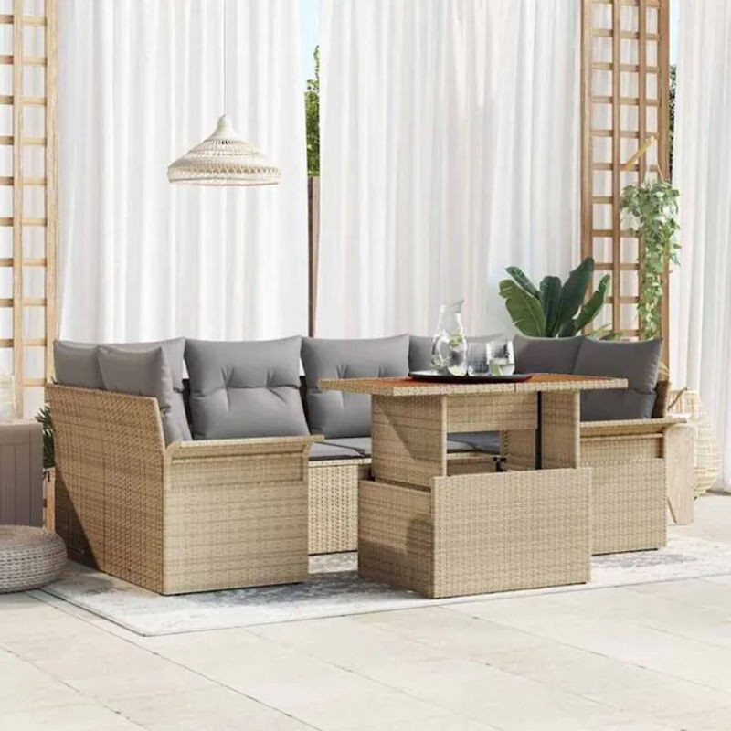 7-teiliges Polyrattan Garten-Sofa-Set von Vidaxl in Beige und Grau mit Akazienholz, B/T/H: 100 x 55 x 73 cm - Bild 1