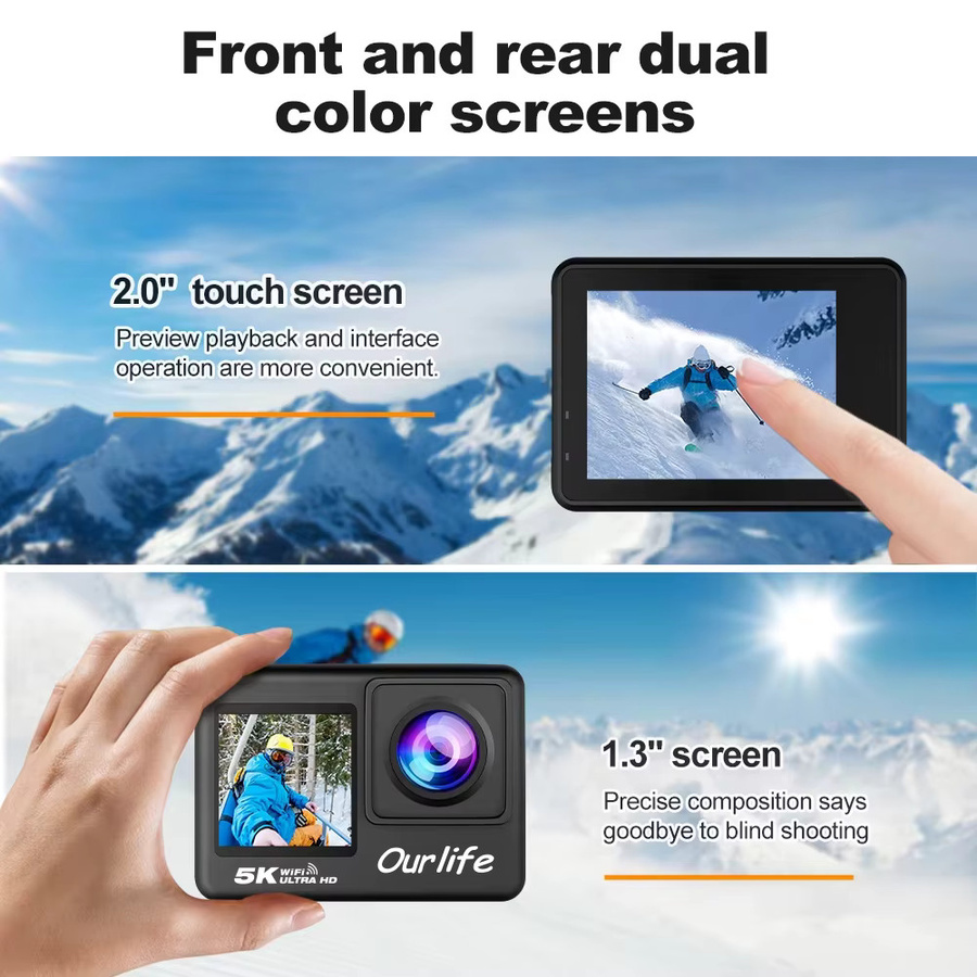 Ourlife 5K Actionkamera mit 4K60FPS, 2,0 Zoll Touchscreen, WiFi und 170° Weitwinkel, wasserdicht bis 30m, Farbe: Schwarz - Bild 5