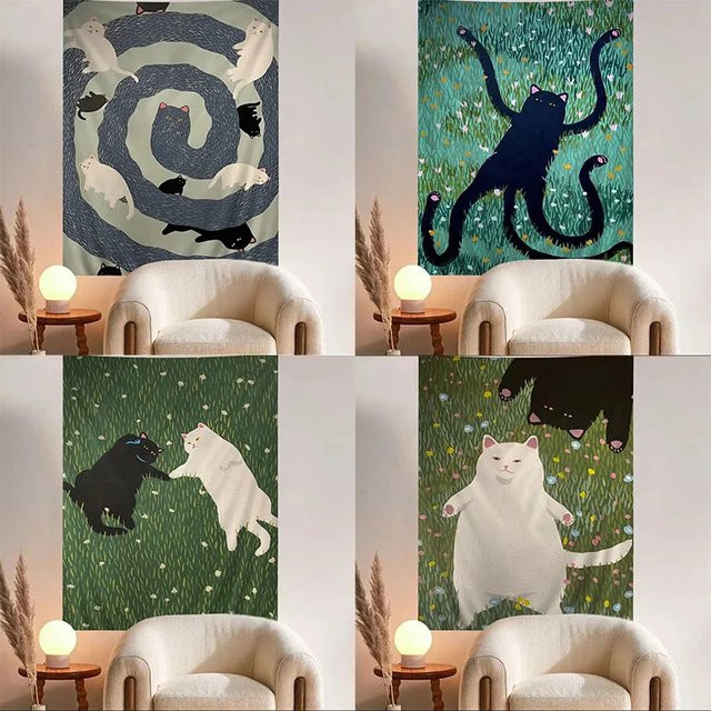 VIKAMA Wandteppich mit niedlichem Cartoon-Katzen-Motiv, mehrfarbiger Wandbehang für Wohnzimmer und Schlafzimmer, B: 60 cm, H: 40 cm - Bild 1
