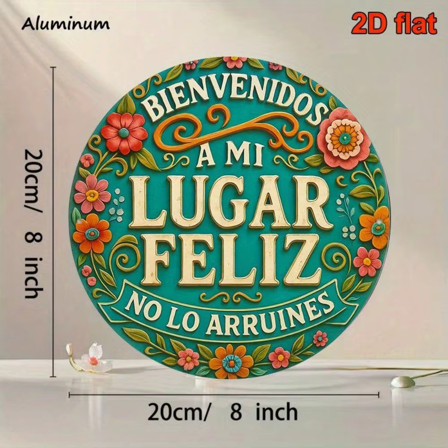 CIFBUY Vintage Aluminium-Wandschild mit mediterranem Floral-Design und Typografie, Rund, Mehrfarbig, Durchmesser: 20,32 cm - Bild 2