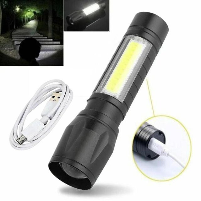 LED-Taschenlampe mit USB-Aufladung und Seitenlicht in Schwarz für Camping und Outdoor mit Teleskop-Zoom und COB-Funktion - Bild 1