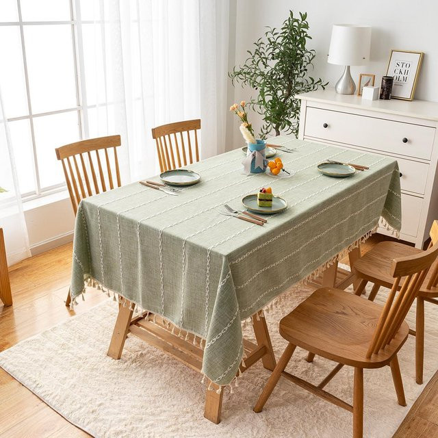 JINGYUE Pet Tischdecke aus Baumwolle und Leinen mit Streifen-Stickerei in Grün, Rechteckig, B: 140 cm, L: 200 cm - Bild 1
