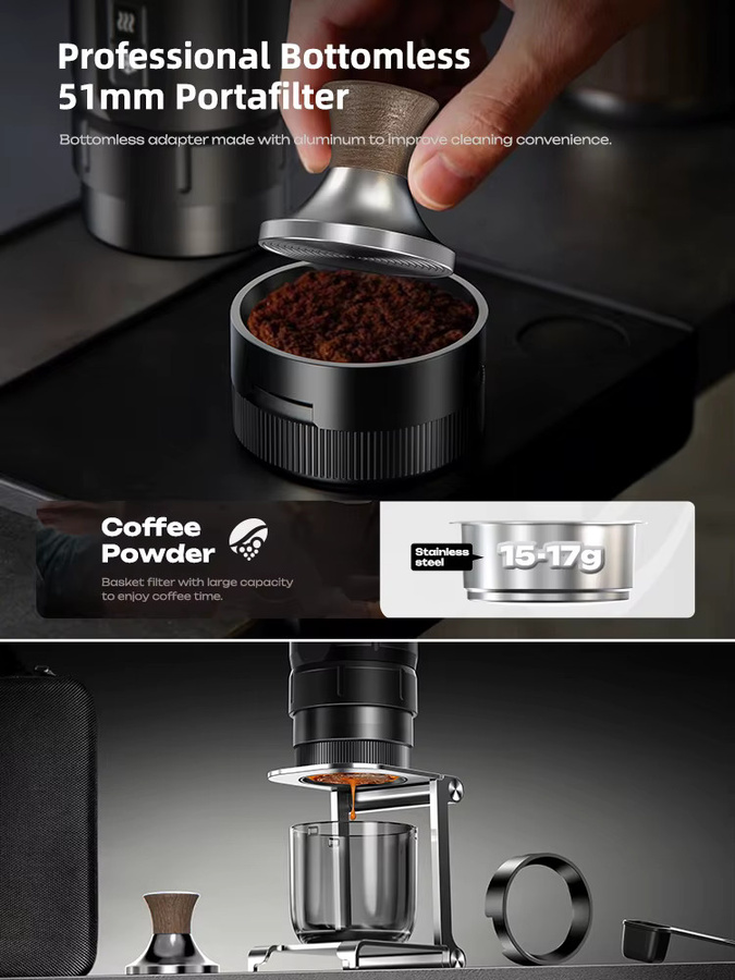 HiBREW H4C Tragbare Espressomaschine in Schwarz mit kabelloser Heizung, abnehmbarer Batterie und bodenloser Extraktion für gemahlenen Kaffee - Bild 5