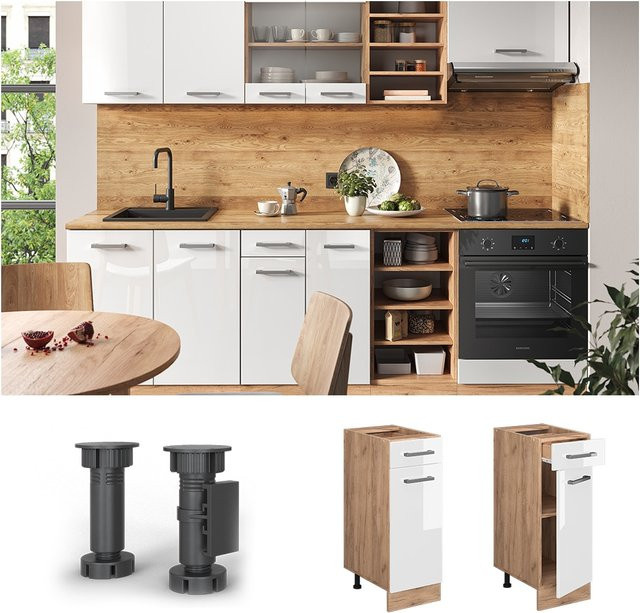 Vicco Küchenunterschrank R-Line Weiß Hochglanz und Goldkraft Eiche Breite: 30 cm ohne Arbeitsplatte - Bild 3
