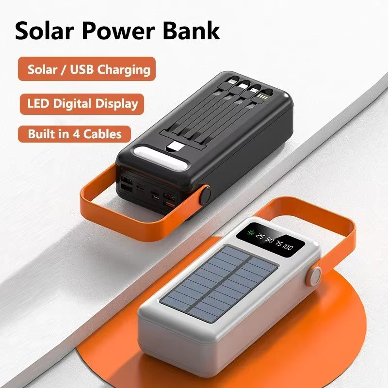 ROMOSS Solar-Powerbank mit 30000mAh Kapazität, schnelles Aufladen, integrierte 4 Kabel und LED-Licht, Farbe: Schwarz - Bild 2
