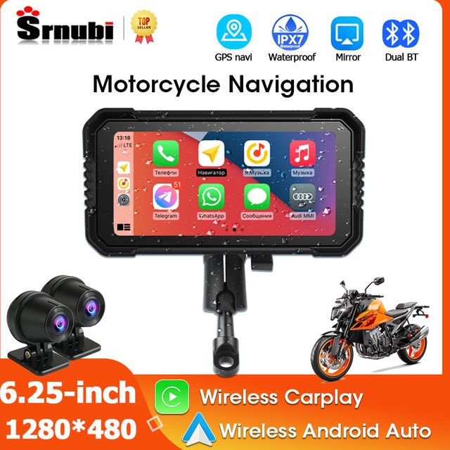 Srnubi Motorrad GPS Navigation mit 6,25 Zoll Display, CarPlay, Android Auto, 1080P DVR Kamera und Dual Bluetooth in Schwarz - Bild 1