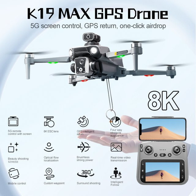 WDSZKMYF K19 Max GPS-Drohne in Grau mit Doppelkamera, 5G FPV-Übertragung und 4,5-Zoll-Bildschirmanzeige - Bild 1
