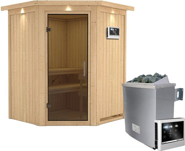 Karibu Sauna-Set Lyra in Grau mit 9,0 kW Ofen, externer Steuerung, Dachkranz und Ganzglastür aus Espe und Fichte, B/T/H: 151 x 151 x 198 cm - Bild 1