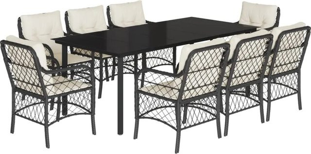 vidaXL 9-teilige Garten-Essgruppe aus Poly Rattan in Schwarz mit cremeweißen Kissen und Glastisch - Bild 1