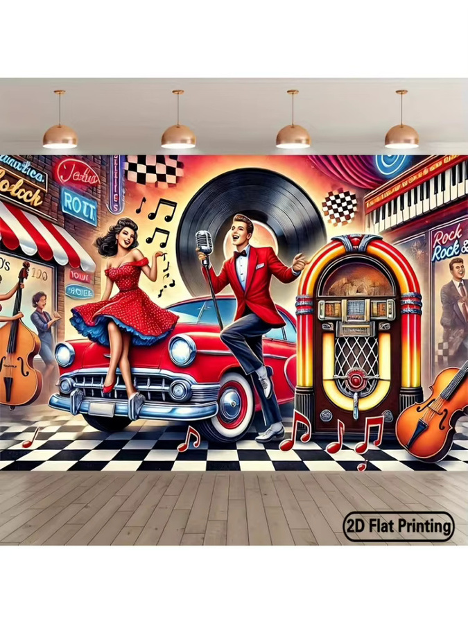 VIKAMA Retro Rock Hintergrundtuch mit amerikanischem Auto und Jukebox als Hängedekoration für Party und Bar, Mehrfarbig - Bild 4