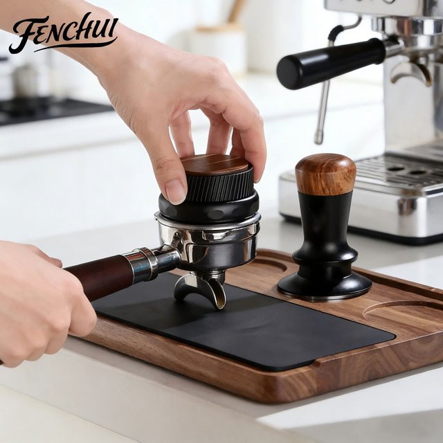 FENCHUI Kaffee-Tamperstation aus Holz in Braun, rutschfeste Espresso-Tamperhalterbasis für 51–58 mm Tamper - Bild 1