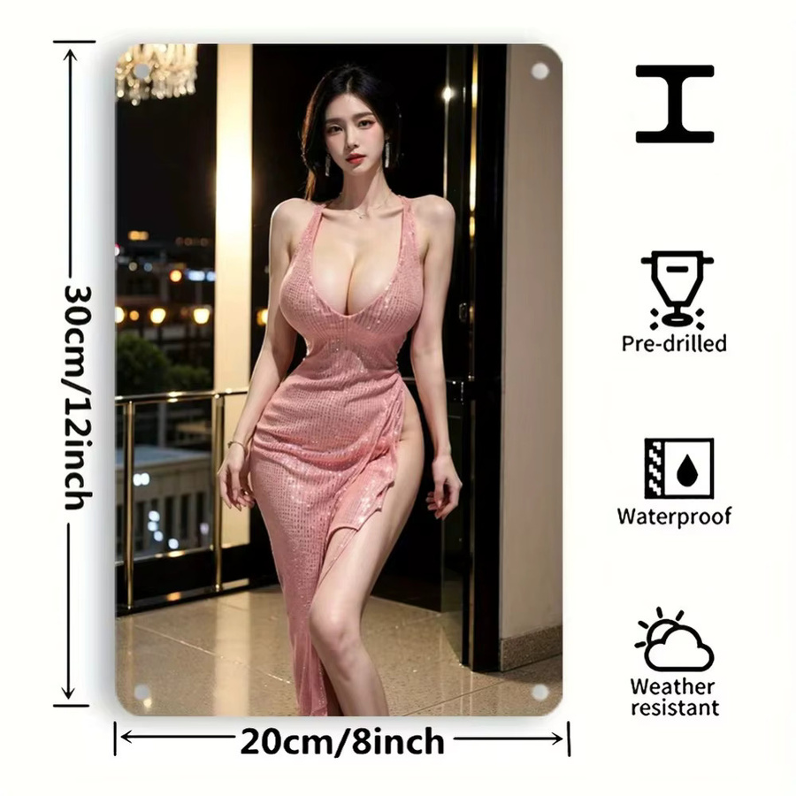 HELLOYOUNG Vintage Lady Pink Dress Metall-Wandkunst Retro Blechschild für Bar Café und Heimdekoration, B: 20,32 cm, H: 30,48 cm, T: 0,1 cm - Bild 2