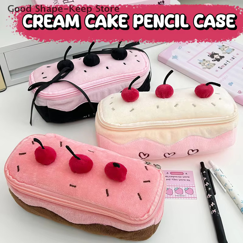 Niedliches Plüsch-Federmäppchen mit Kirschkuchen-Design in Weiß und Pink für deinen Schulbedarf - Bild 2