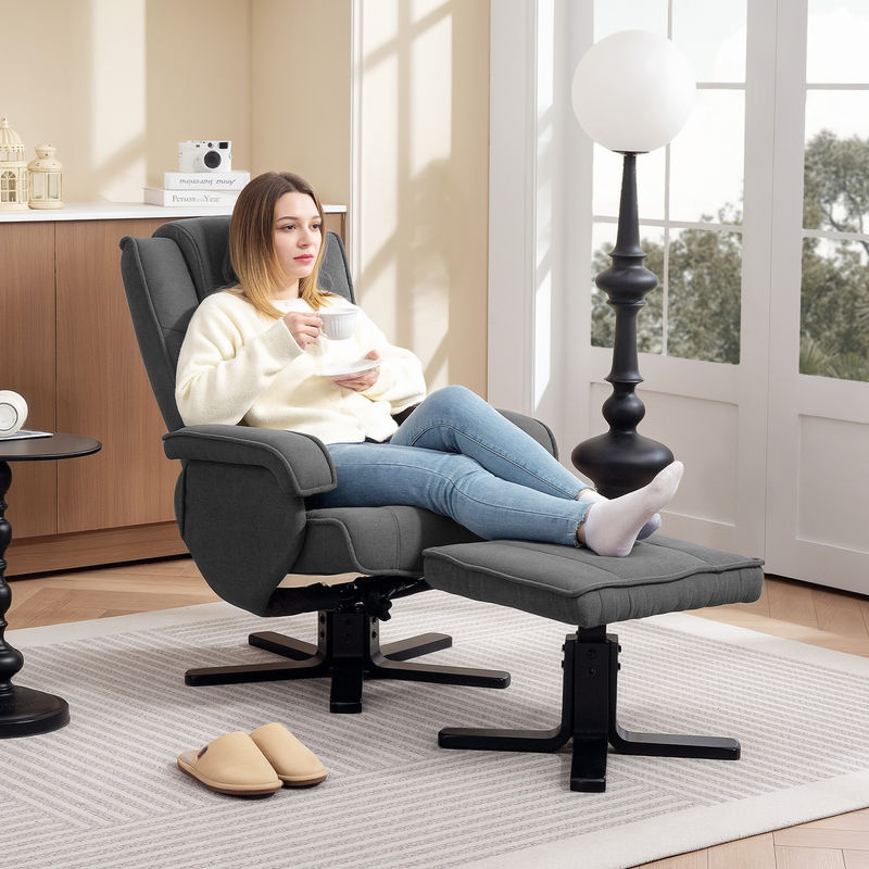 HOMCOM Relaxsessel mit Hocker, 360 Grad drehbarer Fernsehsessel mit verstellbarer Rückenlehne, Liege- und Wippfunktion, TV-Sessel mit Samtoptik und Kopfstütze, Dunkelgrau - Bild 2