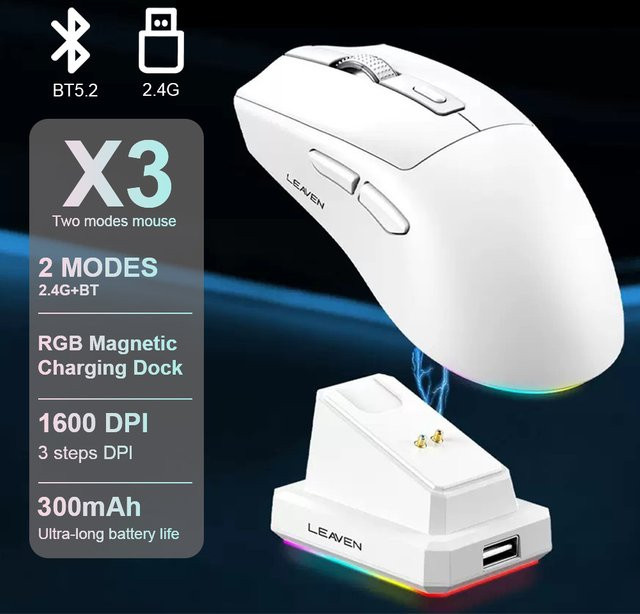 NexusClick X3 Dual-Mode Bluetooth-Maus mit RGB-Beleuchtung, 1600 DPI, ergonomisches Design und magnetische Ladestation, Schwarz - Bild 1