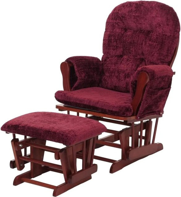 MCW Relaxsessel C76 Schaukelstuhl mit Hocker aus Chenille Stoff in Bordeaux und dunklem Birkenholzgestell - Bild 2