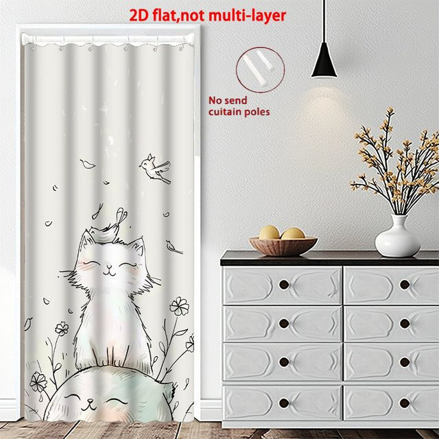 VIKAMA Türvorhang mit Katzen- und Vogelmotiv in Weiß mit Retro-Blumendruck und Tierdesign - Bild 1
