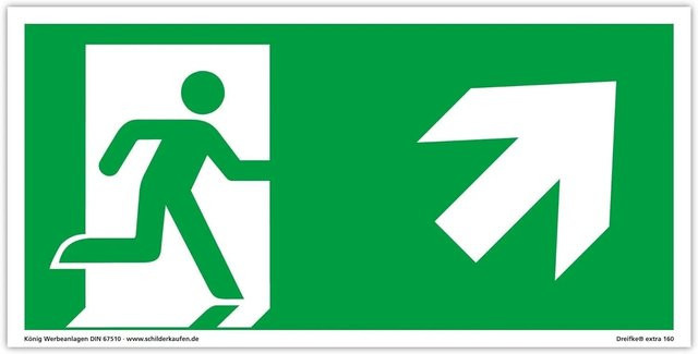 Dreifke Notausgangsschild Langnachleuchtend aus PVC in Grün mit Pfeil Rechts Schräg Aufwärts, B: 29,7 cm, H: 14,8 cm - Bild 1
