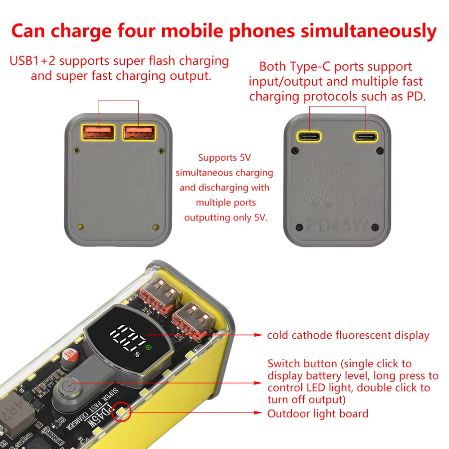 occkic PD45W Powerbank-Gehäuse für 8x 18650 Akkus, lötfreies Batteriegehäuse mit integrierter Außenbeleuchtung, Farbe: Gelb - Bild 5