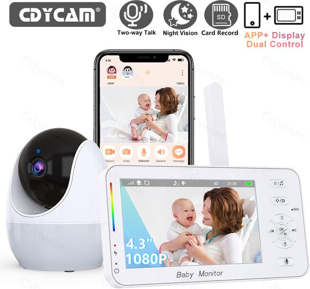 Cdycam WiFi Babyphone mit 4,3-Zoll-Display und App-Steuerung, 1080P Nachtsicht, PTZ Kamera in Weiß - Bild 1