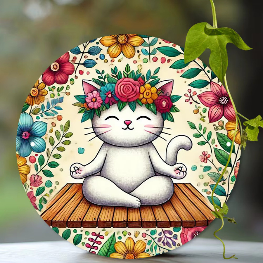 Rundes Aluminiumschild Do Yoga Katze von Potdemiel im Vintage-Stil für die Wanddekoration in Mehrfarben, Durchmesser: 19,8 cm - Bild 3