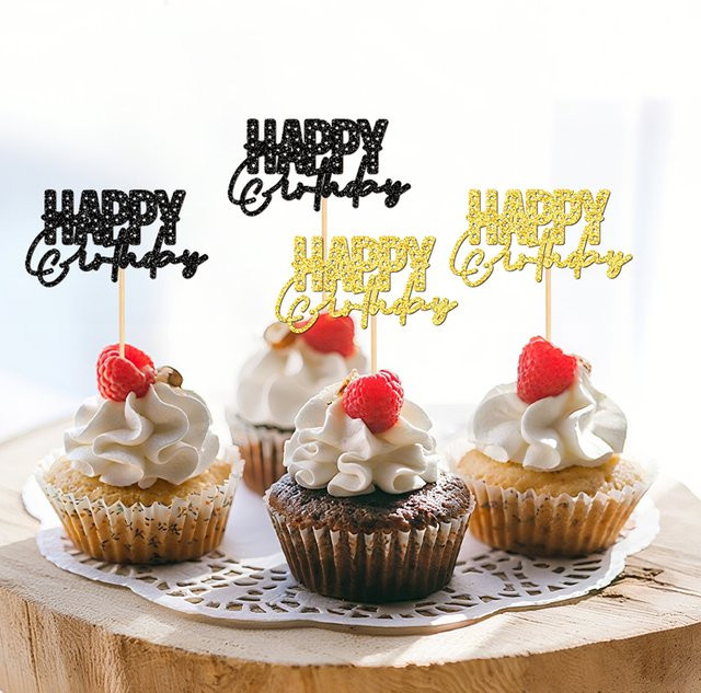 YOMDID 24 Stück Happy Birthday Cupcake-Topper in Gold und Schwarz als Geburtstagstorten-Deko-Zubehör - Bild 1