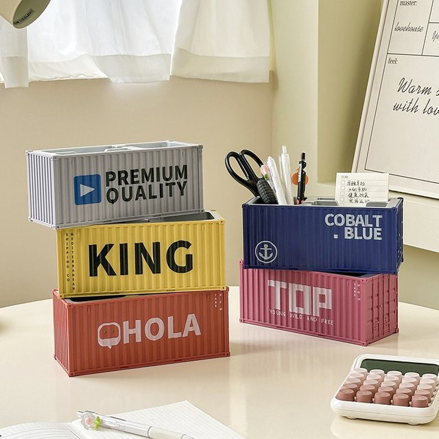 Kreative Aufbewahrungsbox im Container-Design als Schreibtisch-Organizer für Stifte und Scheren, Grau, Kunststoff - Bild 1