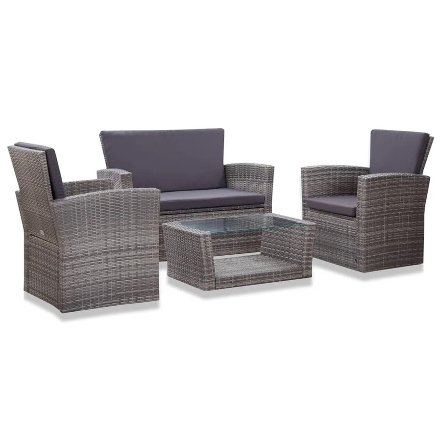 vidaXL 4-tlg Garten-Lounge-Set aus Poly Rattan in Grau mit Polstern und Glastisch - Bild 2