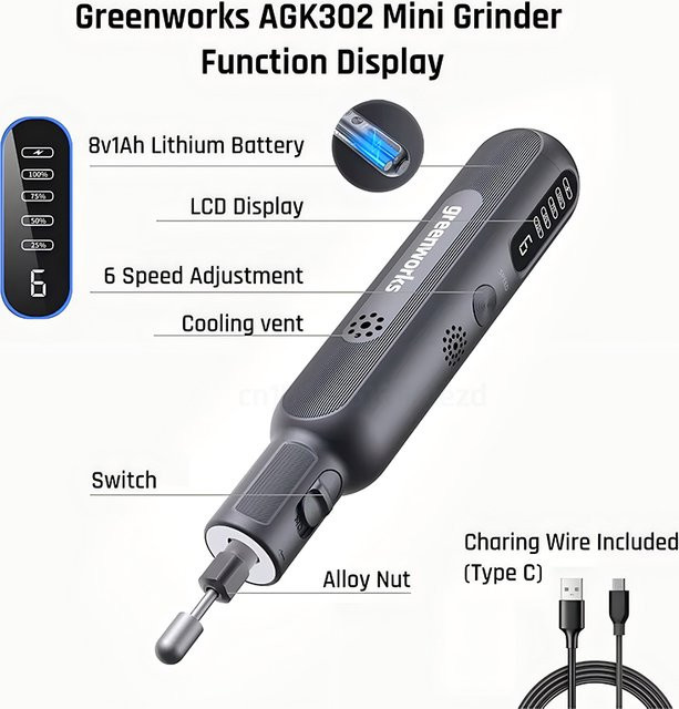 Greenworks 52-teiliges Mini-Schleifer Set, kabelloser Rotationswerkzeug mit USB-Aufladung, 8V 80W, Schwarz-Multicolor - Bild 1
