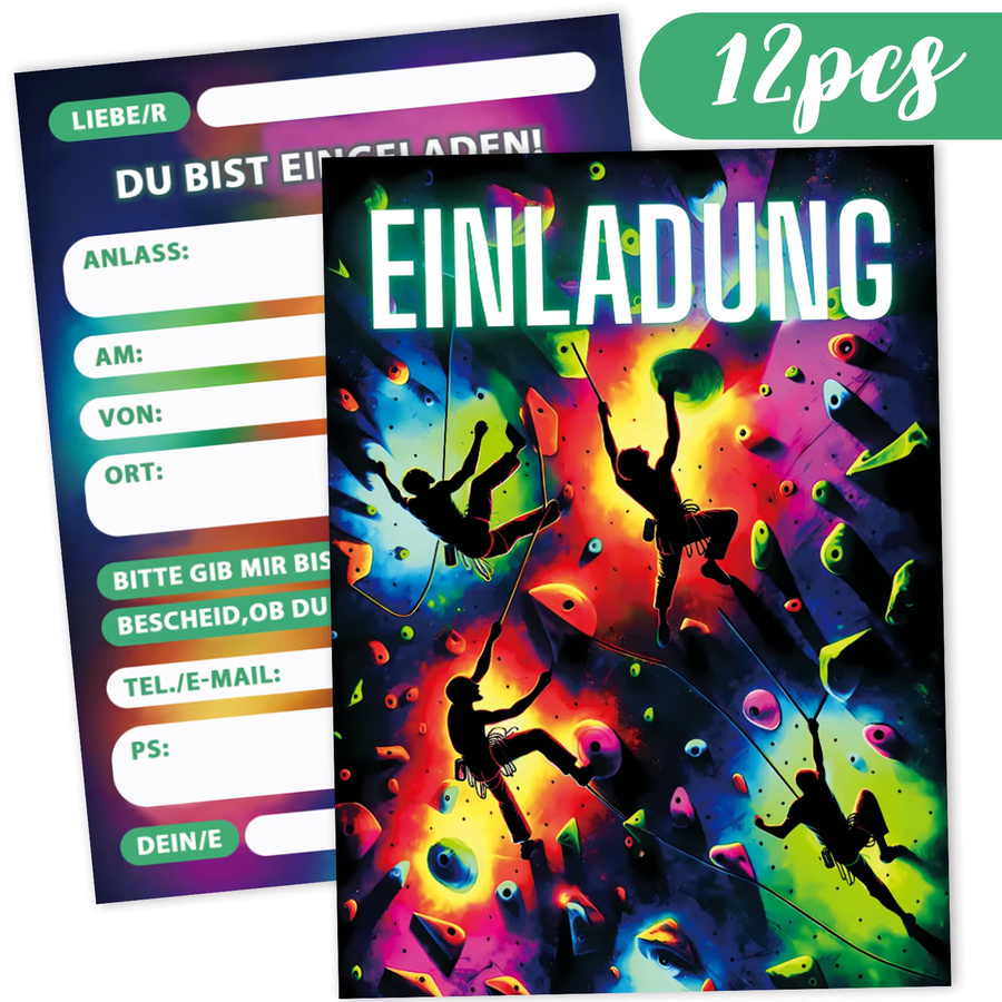 12 Stück Kletterparty-Einladungskarten mit Cartoon-Kletterer- und Neondesign in Multicolor aus Papier mit personalisierbarem deutschen Text - Bild 5