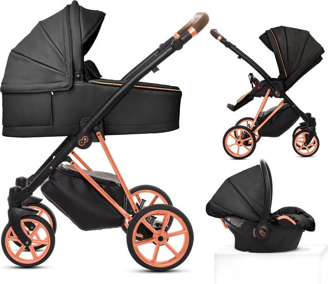 TPFLiving 3in1 Kinderwagen Royal aus Kunstleder in Onyx mit Gestell in Roségold - Bild 1
