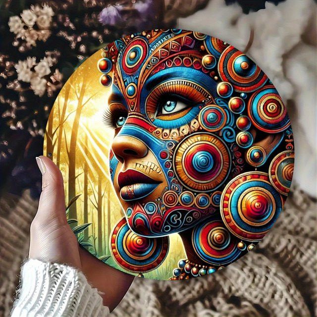 Potdemiel Metallschild Tribal Face Paint Art Design als runde Wanddekoration, Durchmesser: 20,3 cm, Multicolor - Bild 1