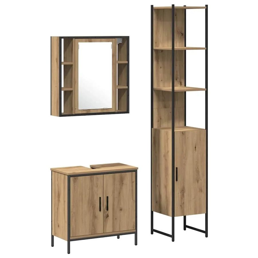 vidaXL Badezimmer Möbelset aus Holzwerkstoff in Braun mit Waschbeckenunterschrank, Spiegelschrank und Hochschrank, 3-teiliges Set, Modernes Design - Bild 2