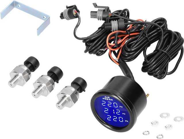 Digitales LED-Luftfederungsmessgerät mit dreifacher Luftdruckanzeige 0–220 PSI, 3 1/8 NPT-Sensoren, schwarz, VehicleKit - Bild 1